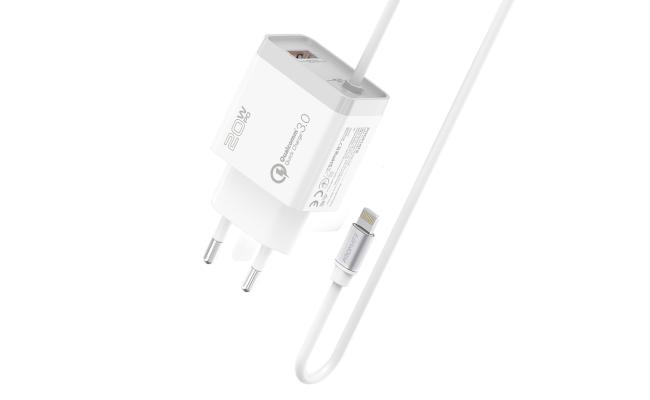 Promate iCharge-PDQC3 Fast Charging 20W Power Delivery Wall Charger with 1.5m Lightning Cable, iphone charger